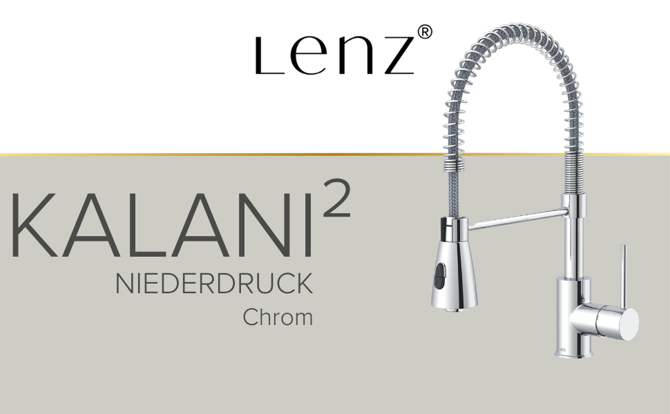 Кухонний змішувач Lenz KALANI² в стилі - з регульованою поливальною насадкою - проста установка та якісна обробка - 46070322 (Низький тиск, Хром)