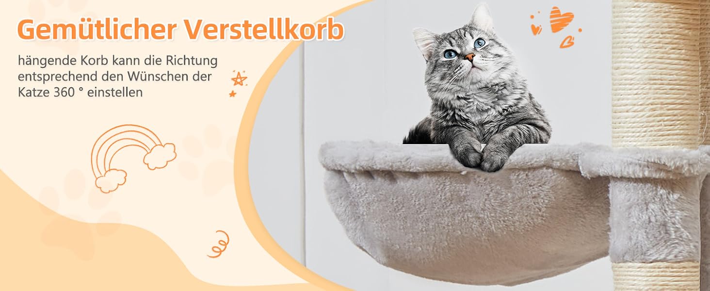 Кігтеточка для котів Taoqimiao MS026W 146 см - велика, стабільна, з 2 будиночками, гамаком, корзиною та 8 кігтеточками (світло-сірий)