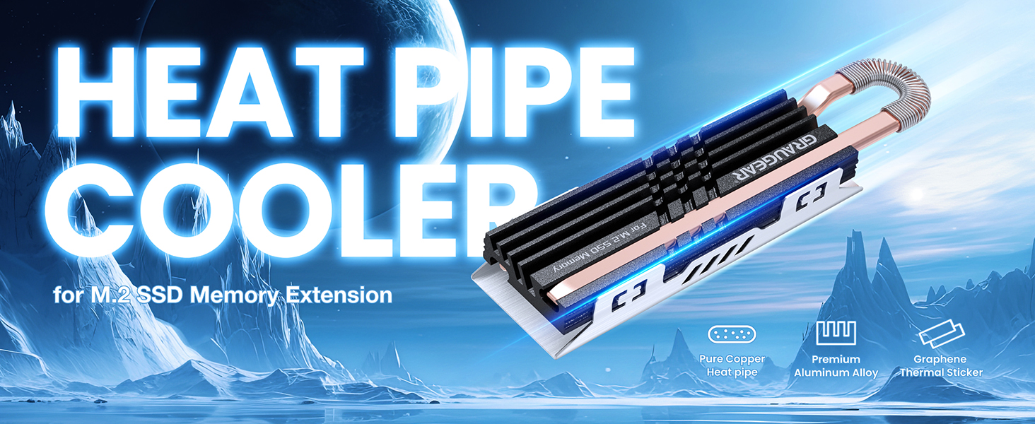 Радіатор охолодження GRAUGEAR HeatPipe для M.2 NVMe SSD (2280) з термонаклейкою з графену-міді, для ПК