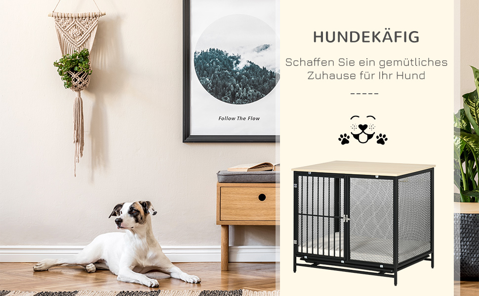 Клітка для собак PawHut, закривається на замок, з подушкою, для собак середніх порід до 20 кг, 88 x 55 x 71 см, колір: дуб+чорний