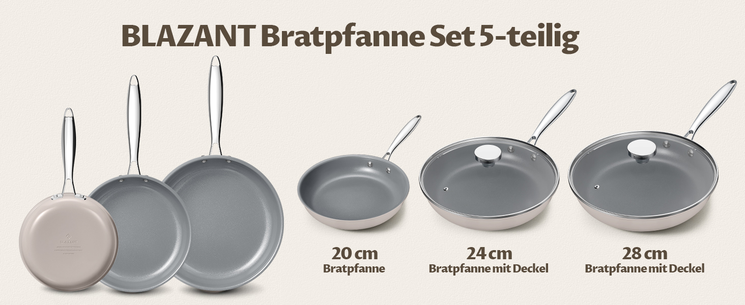 Набір сковорідок Induktion 5-ти частинний, антипригарне покриття, 20/24/28 см, молекулярно зв'язане дно, без PTFE, сумісний з усіма плитами, для духовки, сірий