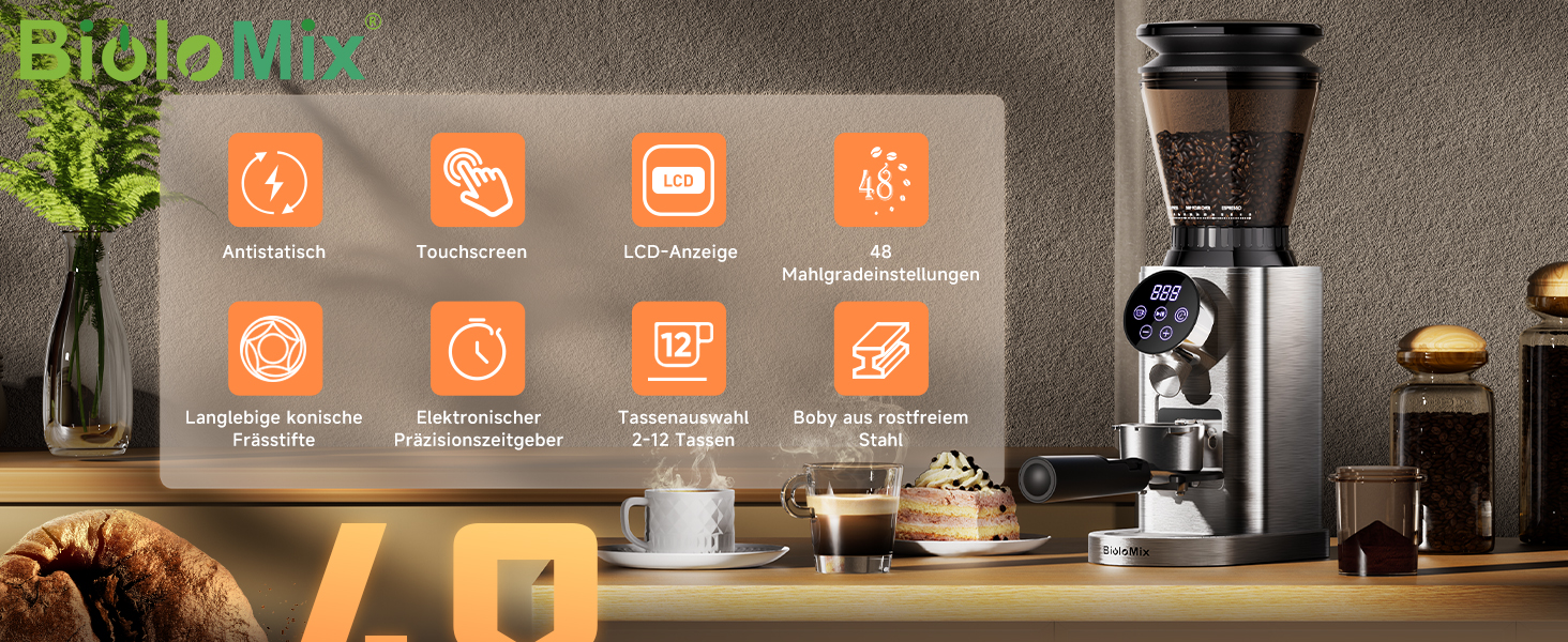 Електрична кавомолка Biolomix для еспресо з регулюванням помелу та контейнером для портафільтра (CG210-2)