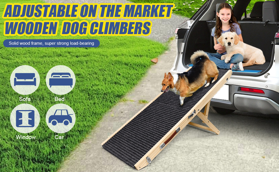 Дерев'яна пандус для домашніх тварин, регульована | Складана сходинка для собак з антиковзким килимком | 4 висотні сходинки | портативна та легка для малих та середніх тварин | ідеально для ліжок, диванів та авто