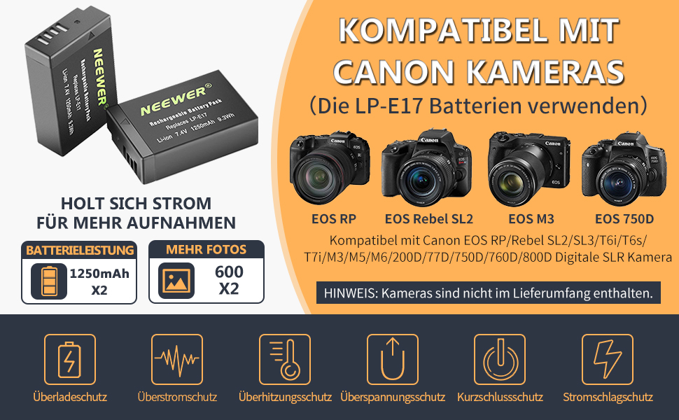 Запасний акумулятор Neewer для Canon EOS 7D Mark II та інші моделі, 2 шт. 2000mAh, комплект з зарядним пристроєм (LP-E17)