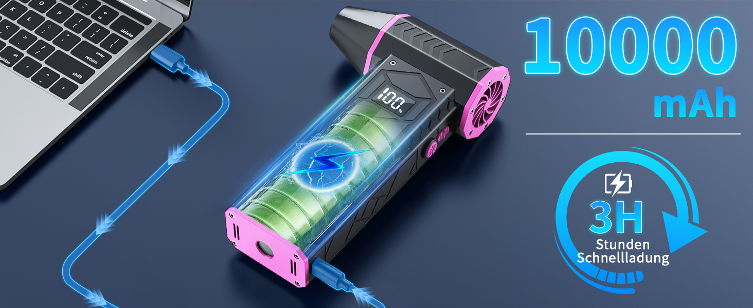 Електричний пилосос-фен, 10000mAh, LCD, міні-фен з ліхтариком для відпочинку на природі, 180000RPM, 4-та ступінь сили, чорний