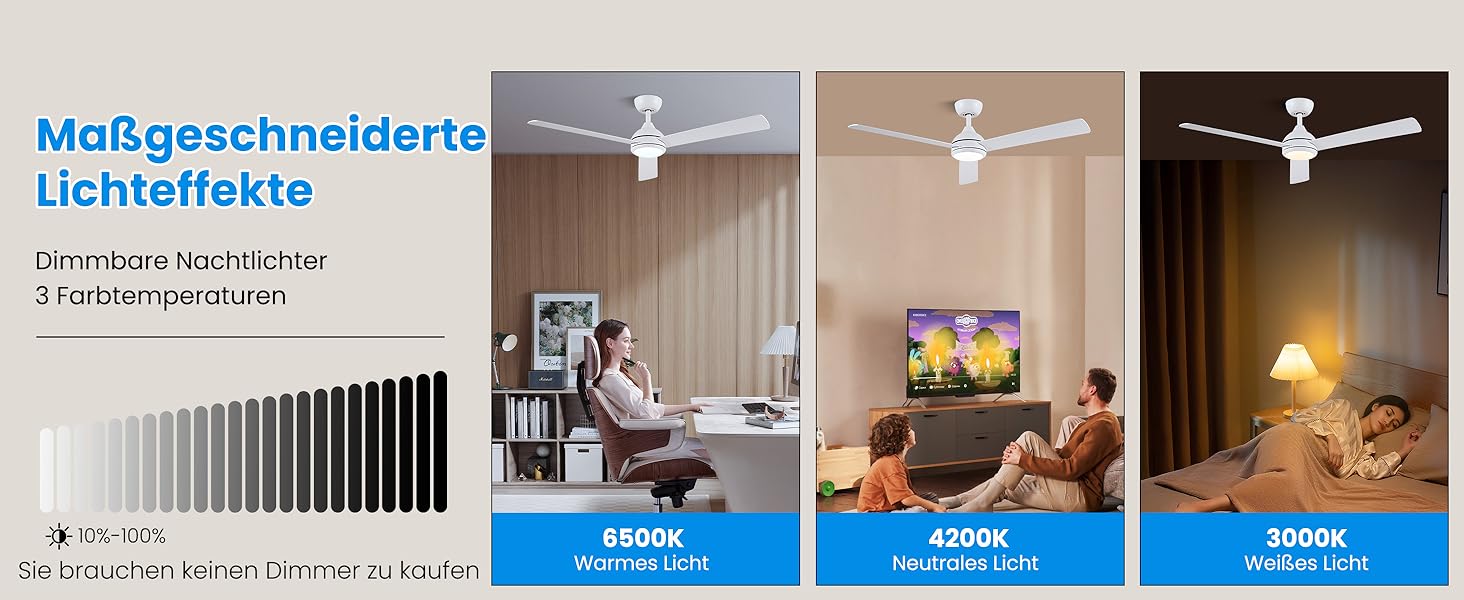 Стеляний вентилятор CJOY з підсвічуванням, 107 см, з пультом керування, тихий, DC, реверсивний, пам'ять 3CCT, диммування, 6 швидкостей, таймер для спальні (132 см, білий)