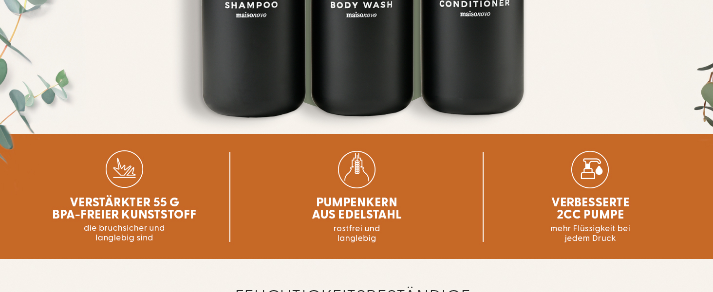 Шампунь MaisoNovo: Набір з 3 флаконів (500 мл) для самостійного наповнення, дозатор з чорним насосом, настінний кріплення, прозорий колір