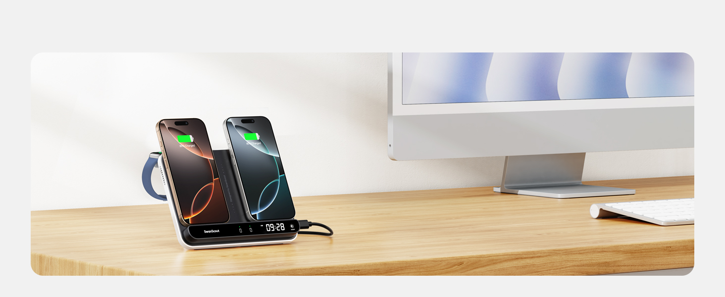 Зарядна станція SwanScout 710A для iPhone 17/Air/15/14/13/12/11 та Apple Watch/AirPods, бездротова зарядка 2 в 1