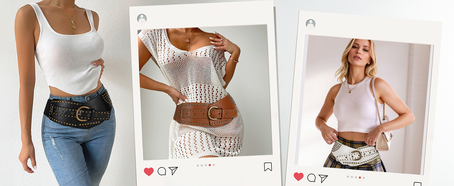 Жіночий вінтажний широкий еластичний пояс JASGOOD з пряжками, чорний, 95 см (для розміру талії 93-104 см)