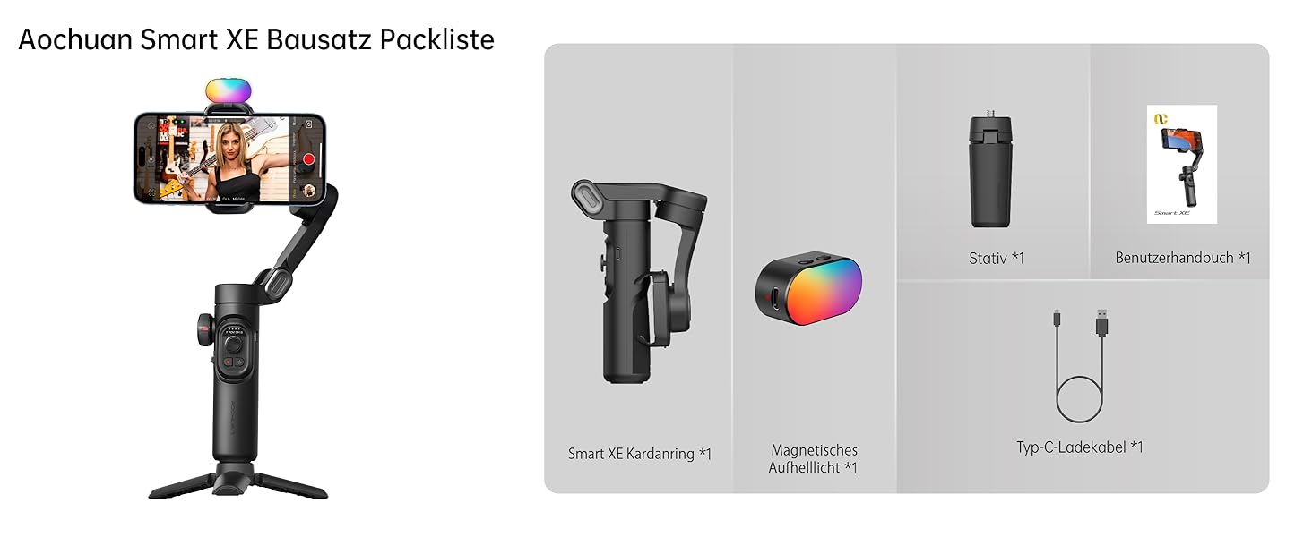 Гімбал AOCHUAN для смартфона з 3 осями стабілізації, RGB-підсвічуванням, трекінгом обличчя та регульованим кільцем фокусування. Підходить для iPhone/Android. Ідеальний для зйомки Vlog та створення контенту.