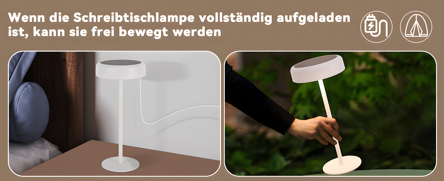 Настільна лампа на сонячній батареї з акумулятором LED, 2 шт. - Бездротова, з димером, сенсорна, біла, для дому та вулиці (IP44)