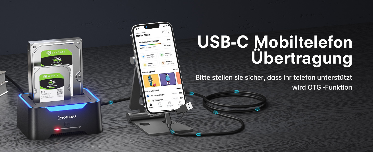 Док-станція для жорстких дисків POSUGEAR RGB USB 3.0 з підтримкою 2.5/3.5 SATA HDD/SSD, 2 відсіки, Offline Clone, UASP