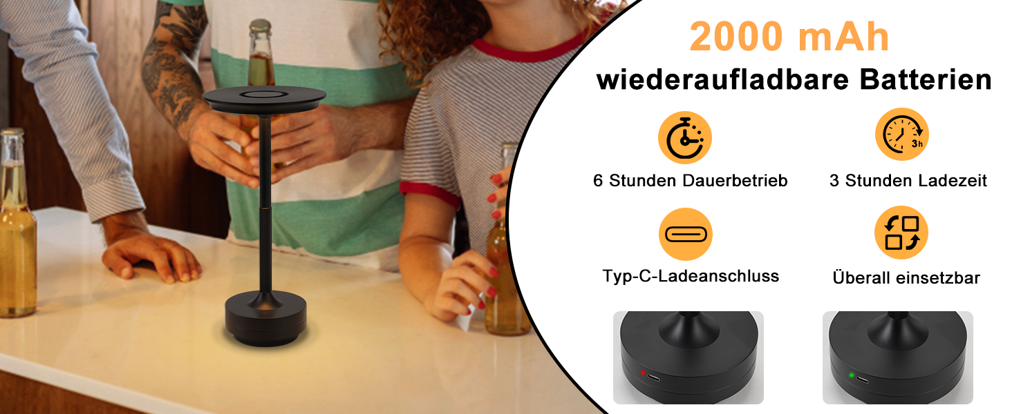 Бездротова настільна лампа - LED лампа на акумуляторі, торшери з сенсорним керуванням, диммуванням, USB зарядкою, 2 шт. (1 шт., чорний)