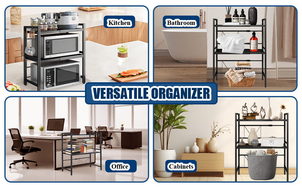 Регульована полиця для мікрохвильової печі, 3-рівнева розширювана стійка, органайзер для кухні з 6 гачками, з вуглецевої сталі, чорний