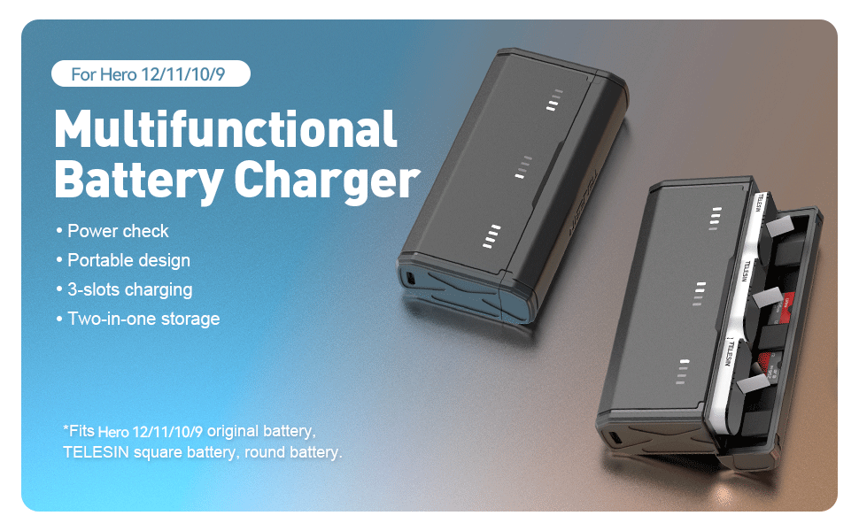 Зарядний пристрій для GoPro Hero 12/11/10/9 від Telesin: 3 слоти, 2 слоти TF-картки, портативний, з індикатором заряду
