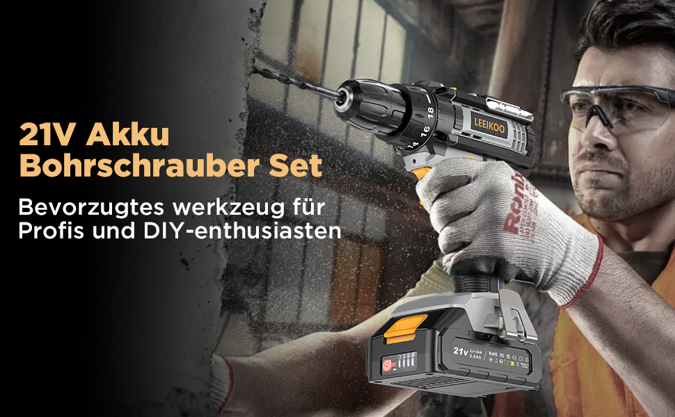 Акумуляторний шуруповерт LEEIKOO 21V, 42N.m, 2.0Ah, 10mm, 18+1, 20шт, LED, сірий