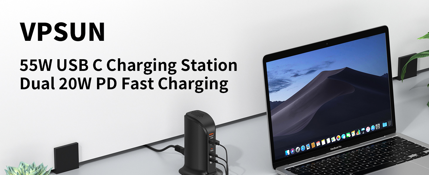 Зарядний пристрій USB-C 55W багатопортовий для iPhone, iPad, Samsung та інших пристроїв - Вежа USB-станція з 5 портами