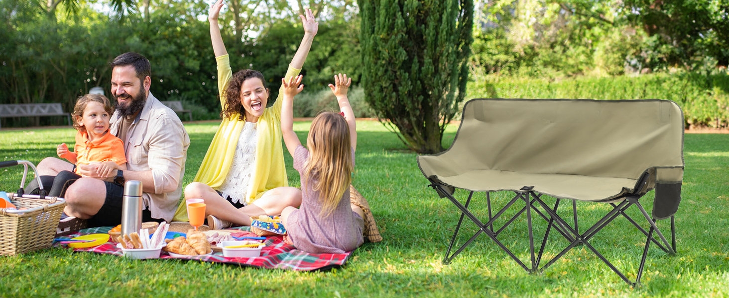 Складане крісло-диван для кемпінгу на 2 особи - переносна модель з підлокітниками та сумкою, блакитний, 110 см. Ідеально для пікніків, кемпінгу, саду, балкону, риболовлі та відпочинку на природі.