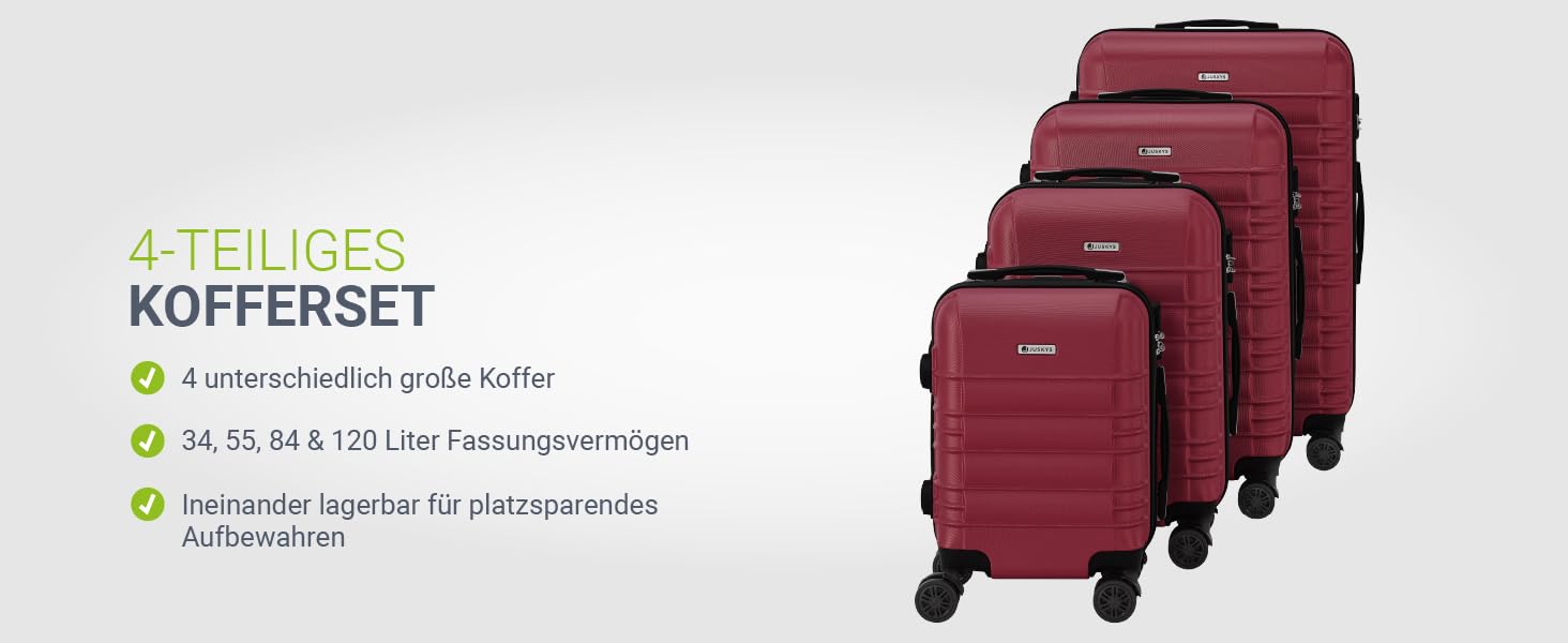Набір валіз Juskys® Hartschale 4 шт. з кодовим замком, тихі колеса 360°, телескопічна ручка, легкі - червоний колір