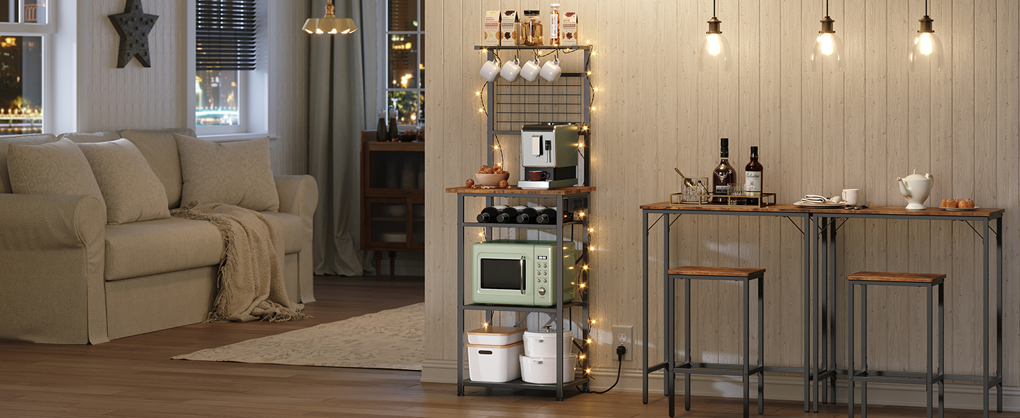 Стельова полиця з розетками, підлогова полиця, полиця пекаря, 35 x 48 x 135 см, 4 гачки S-подібної форми, станція для кавової бару з тримачем для пляшок та гачками, вінтажний коричневий та чорний колір ABRHR23UE01