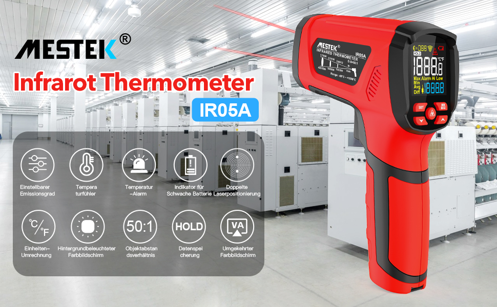 Інфрачервоний термометр MESTEK для вимірювання високих температур -40°C до 1600℃ з K-зондом, лазерний, LCD, з сигналізацією, для кулінарії, промисловості, HVAC, IR05A-Red