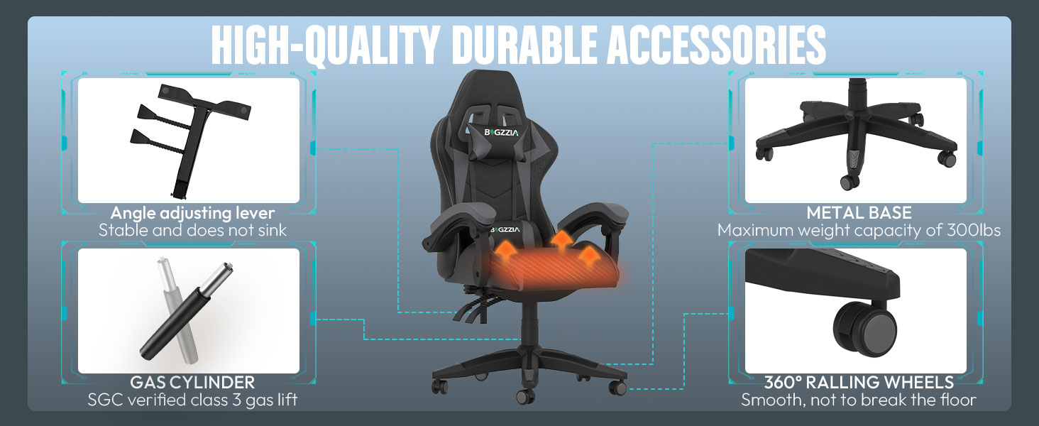 Ігрове крісло Bigzzia Gaming Stuhl з підігрівом, регульована спинка 90-135°, ергономічний геймерський стілець (сірий)