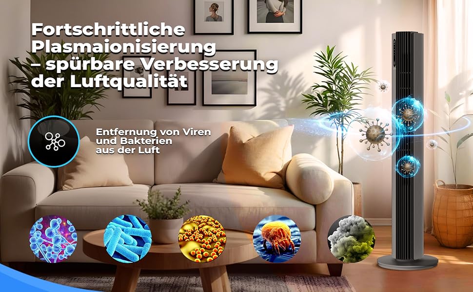 Турбовентилятор 110 см з пультом керування, тихий вентилятор-вежа, 30W, 12 швидкостей, таймер 12h, іонізація, охолоджувач повітря PURE Plasma, білий (сірий)