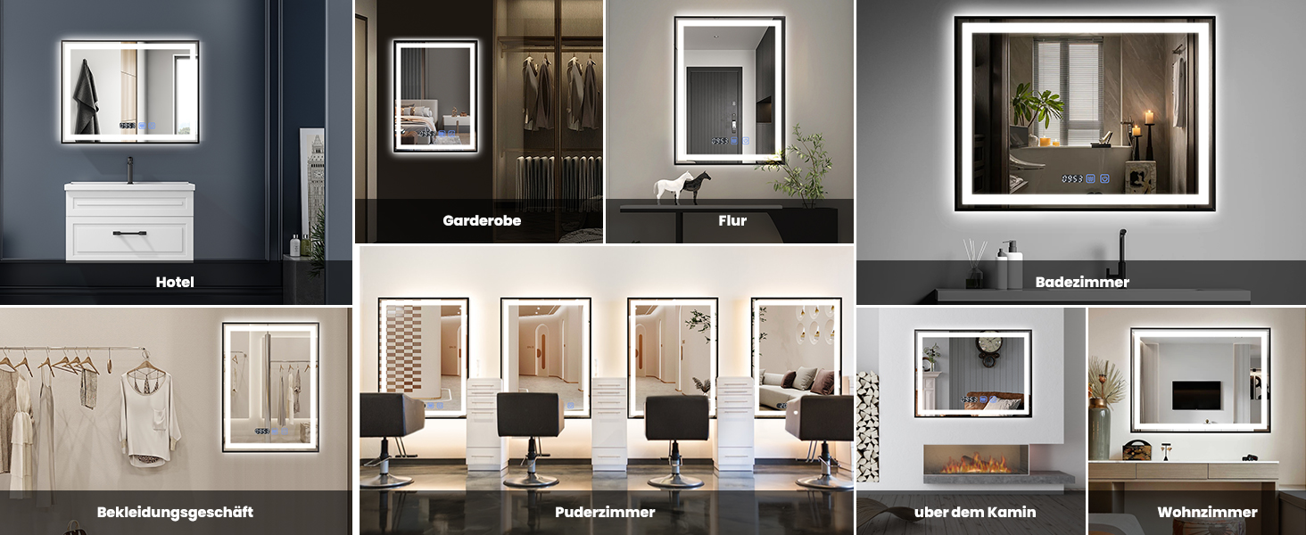 Дзеркало YOURLITE з підсвічуванням 70x50 см, LED дзеркало для ванної кімнати з сенсорним вимикачем, годинником, 3 кольори світла, регулювання яскравості, антизапарник, пам'ять, срібний (чорний, 80x60 см)