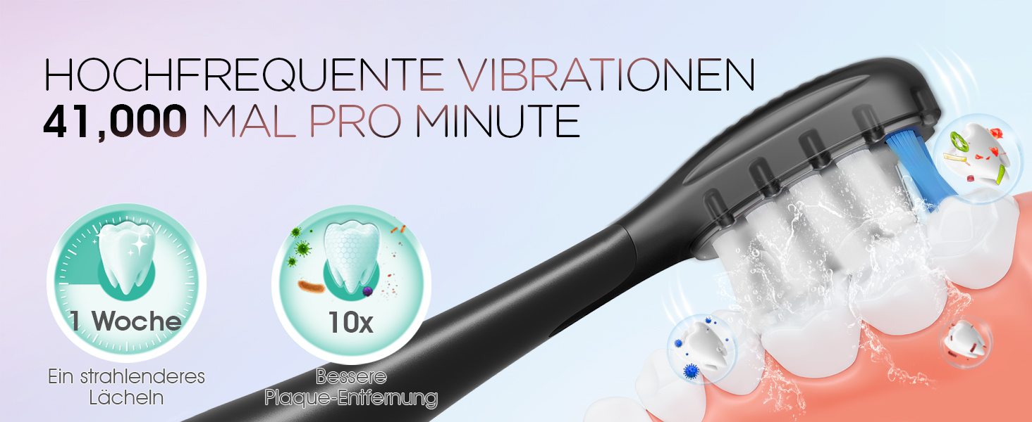 Електрична звукова зубна щітка Ultraschall ET110 (Чорна) - 41000 VPM, 70 днів роботи, 6 насадок, таймер, IPX7