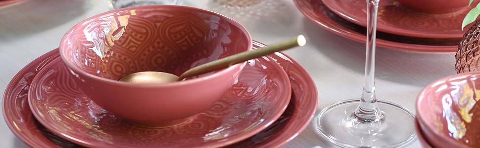 Набір посуду CreaTable Serie Orient Mandala 18 предметів, порцеляновий, червоний, для мікрохвильової печі та посудомийної машини, виготовлено в Європі
