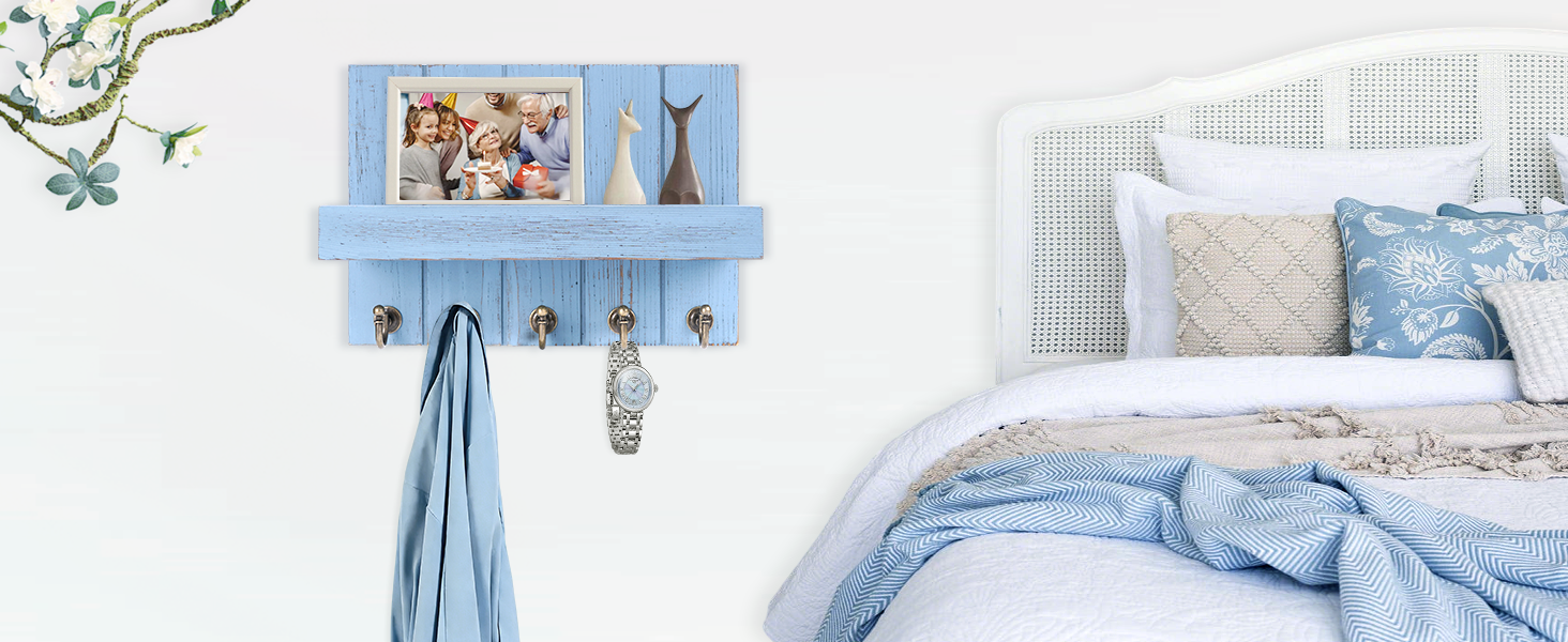 Дерев'яне ключниця з поличкою, 5 гачків, для прихожої, спальні, вітальні (Блакитний)