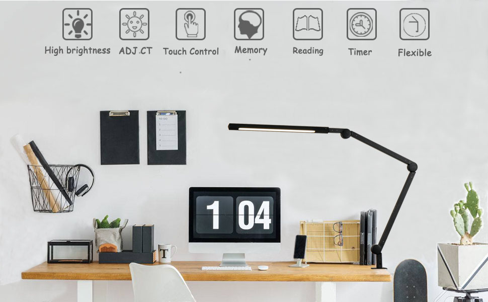 LED лампа EYOCEAN для столу з регульованою яскравістю та двома джерелами світла, архітекторська лампа для офісу, 15W, захист очей, кріпиться на стіл