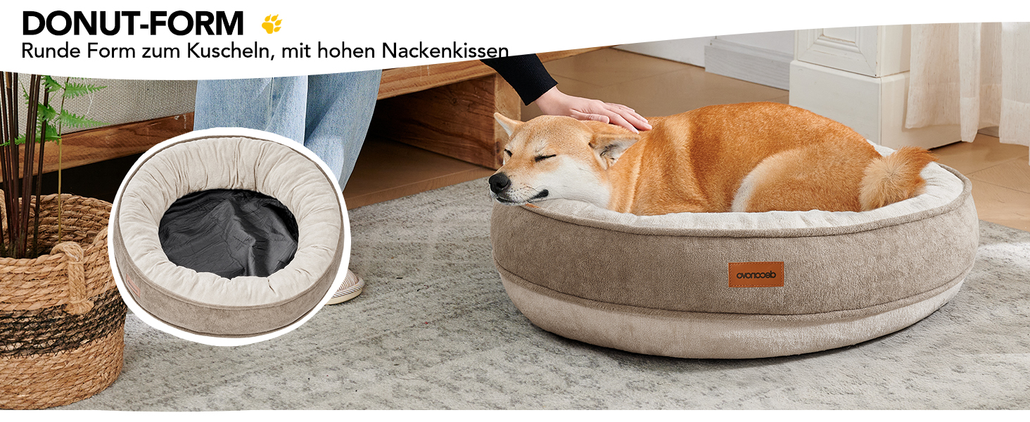 Кругле м'яке ліжко для собак та котів Deconovo, діаметр 61 см, ортопедичне, знімний кошик, Khaki