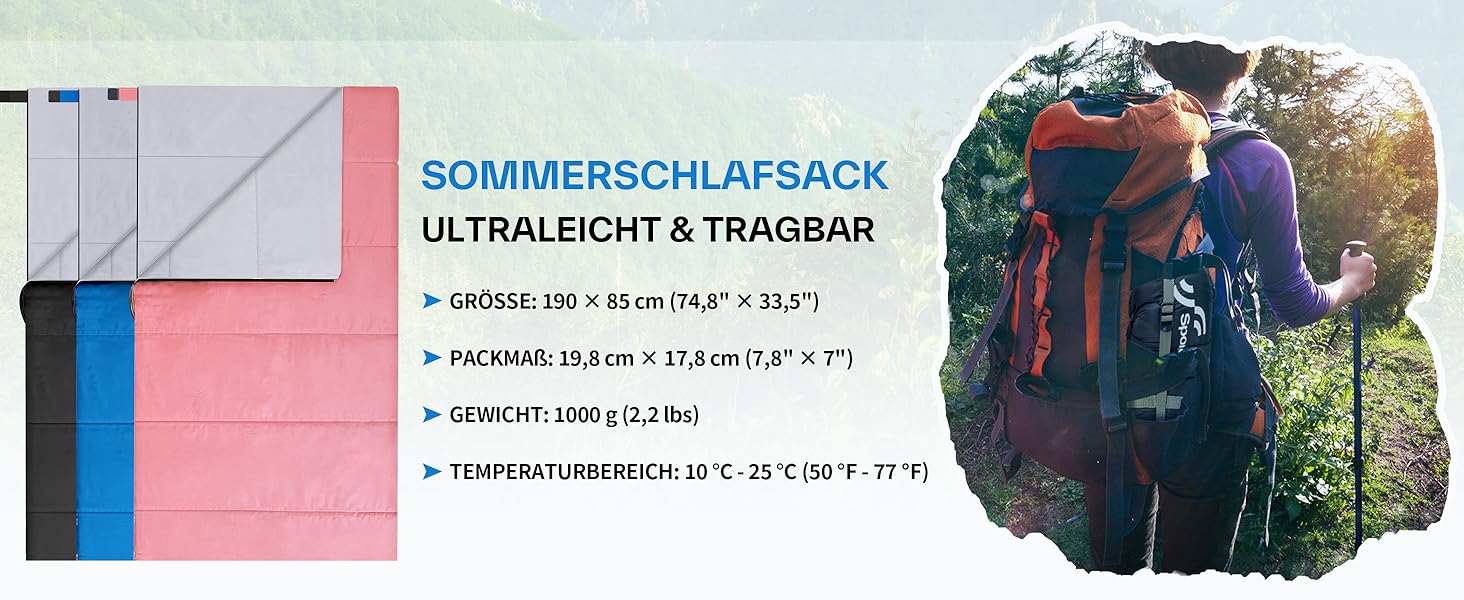 Sportneer Summer Sleeping Bag - Lightweight, Waterproof Camping Sleeping Bag for Backpacking, Hiking, Travel - 190x85cm