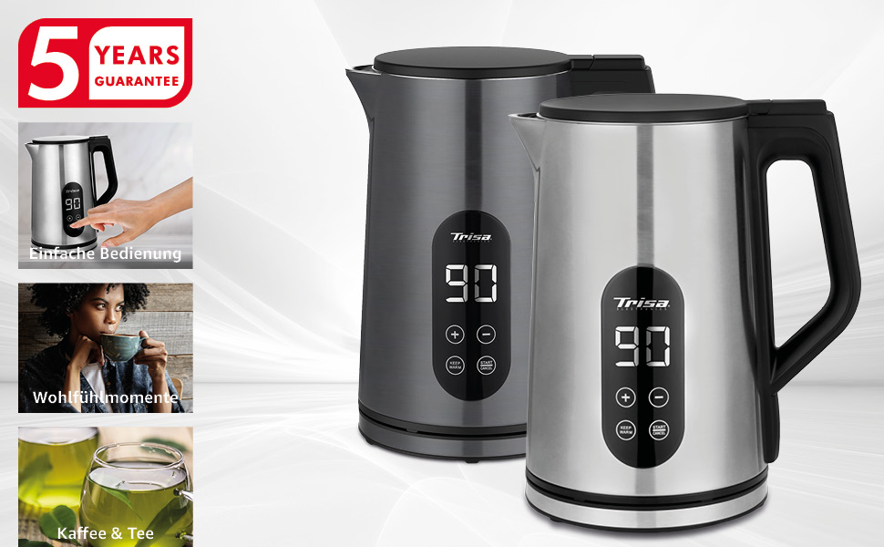 Електричний чайник Trisa Digital Boil з подвійними стінками, 1.7л, регулювання температури (40-100°C), нержавіюча сталь, сенсорне дисплеї, функція підтримання тепла 4г, корпус Cool Touch, колір антрацит