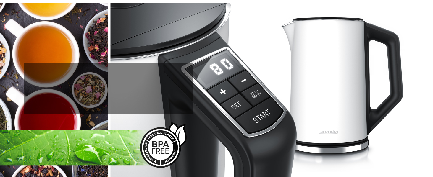 Набір чайник та тостер Arendo Edelstahl Schwarz, Чайник 1.5л з регулюванням температури, Тостер на 2 тости з LED-дисплеєм