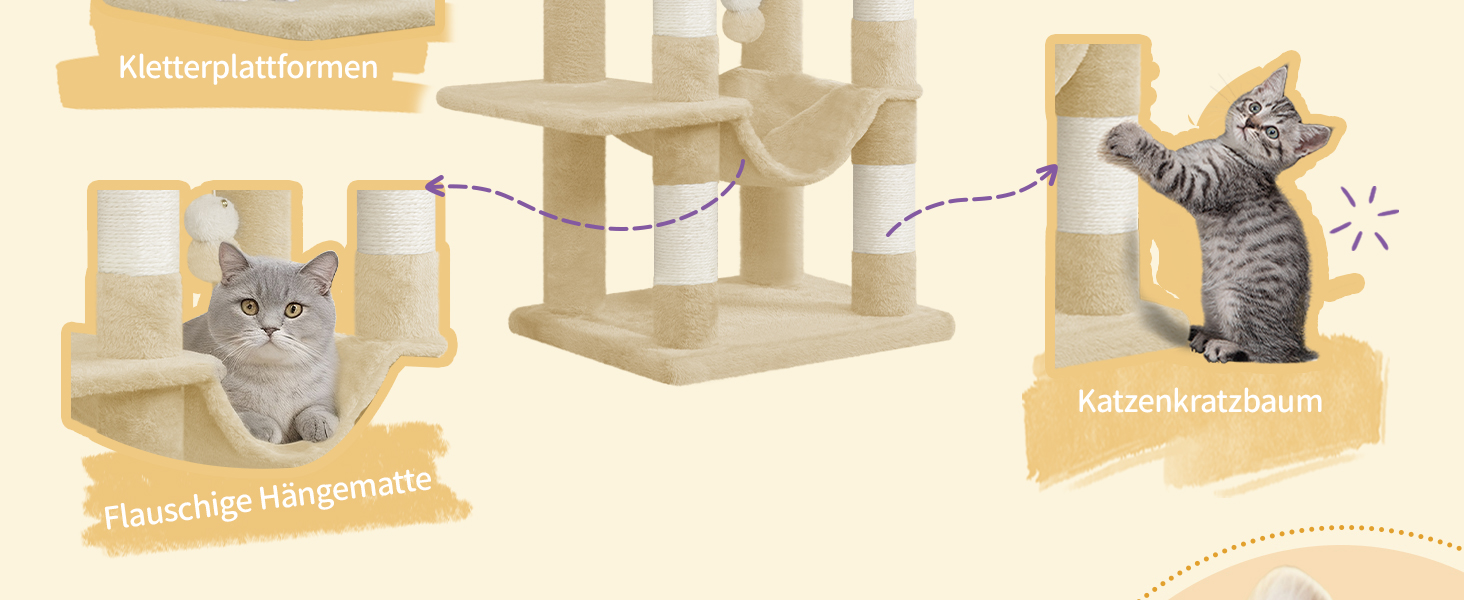 Дерев'яний будиночок для котів Hzuaneri Kratzbaum, 149 см, з 5 стовпчиками для шліфування, платформами, затишною печерею, багатоповерховий центр активності для котів, помпонами, бежевий (MS14918LG)