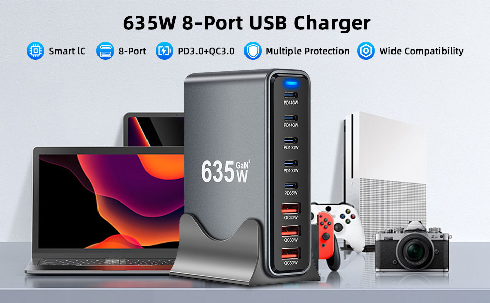 Зарядний пристрій Arceli USB-C 635W GaN III 10 портів: 5x USB-C PD + 5x USB-A QC4.0 для iPhone 16/15/14 Pro Max, Samsung Galaxy, MacBook, iPad, ноутбуків