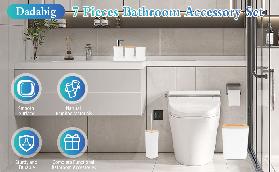 Набір аксесуарів для ванної кімнати з бамбука, 7 предметів: сміттєвий бак, дозатор мила, стакан для ополіскування, мильниця, тримач для зубних щіток, тримач для унітазу, піднос для косметики