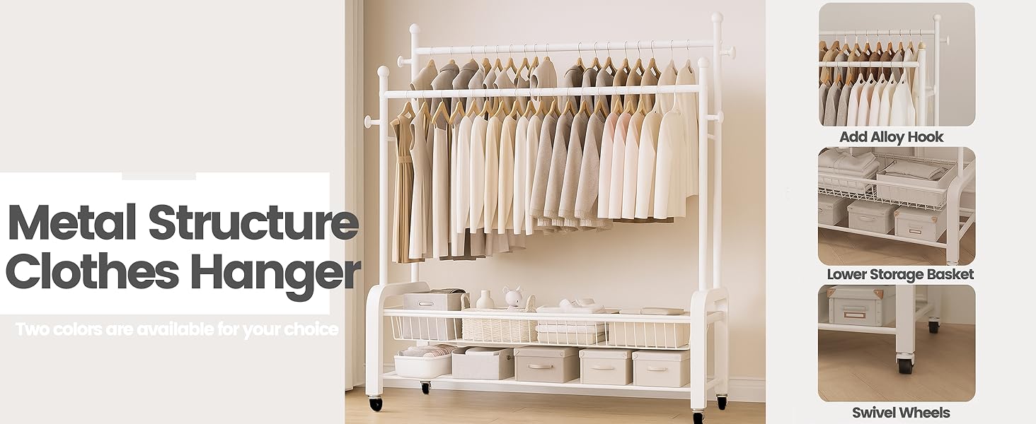 Стійка для одягу на колесах, двоярусна, з двома перекладинами (біла)