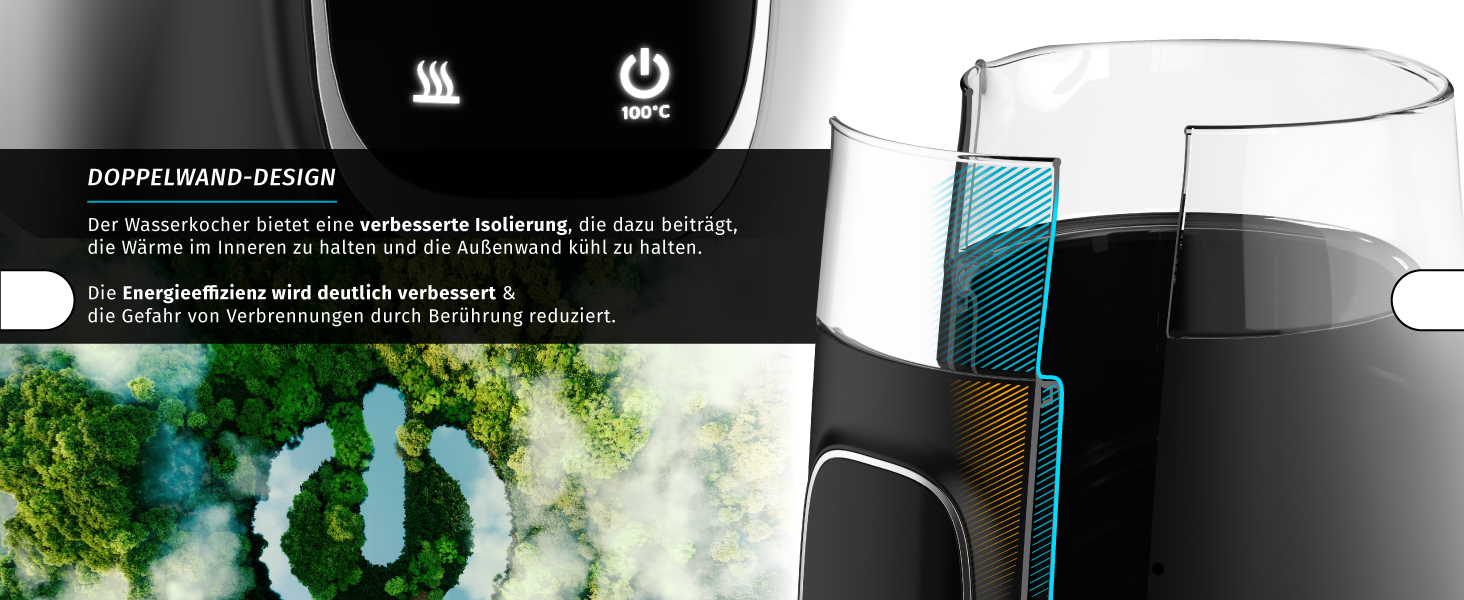 Електричний чайник Arendo зі скляною колбою, регулюванням температури, нержавіючою сталлю, подвійними стінками (Cool Touch), дисплеєм, бездротовим підключенням, 2200 Вт, 1,7 л, захистом від перегріву, функцією підтримання тепла, чорний