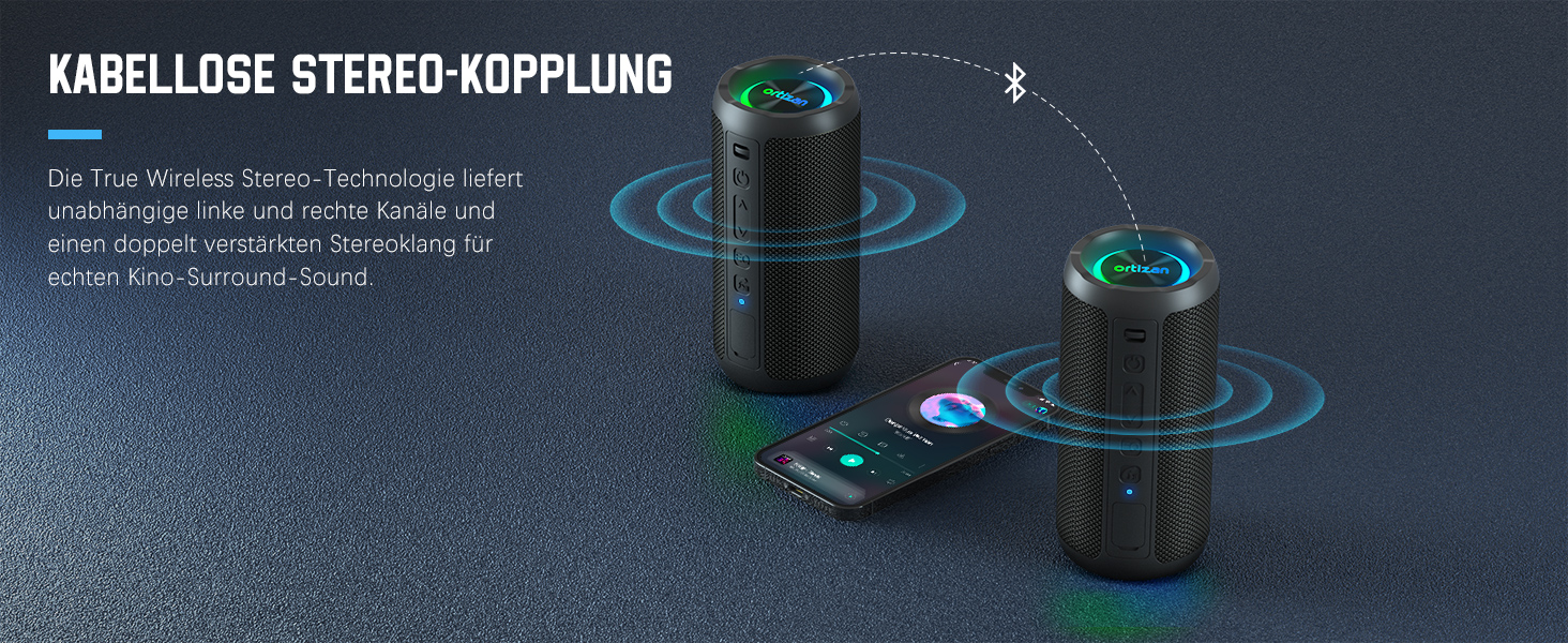 Портативна Bluetooth колонка Ortizan з підсвічуванням, IPX7 водонепроникність, подвійний бас, 30 годин роботи, функція гучного зв'язку, чорна