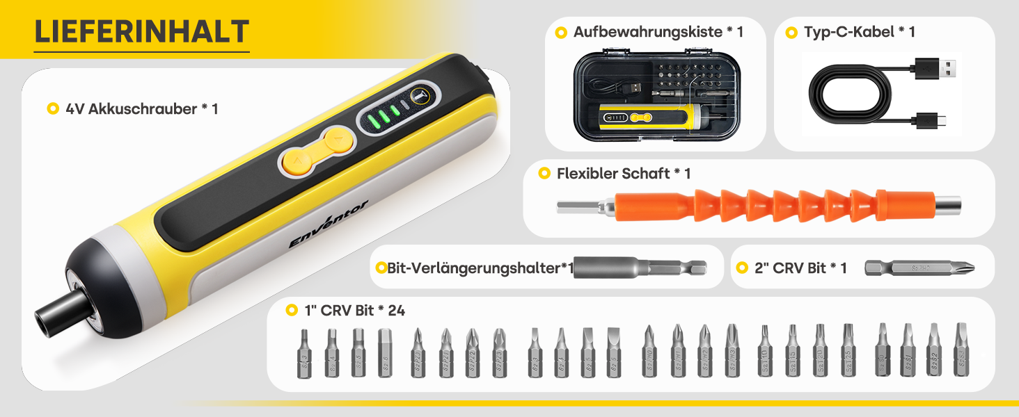 Mini акумуляторний шуруповерт Enventor 6 Nm, 4V, 2000 mAh, LED, USB, 25-Tlg. набір біт