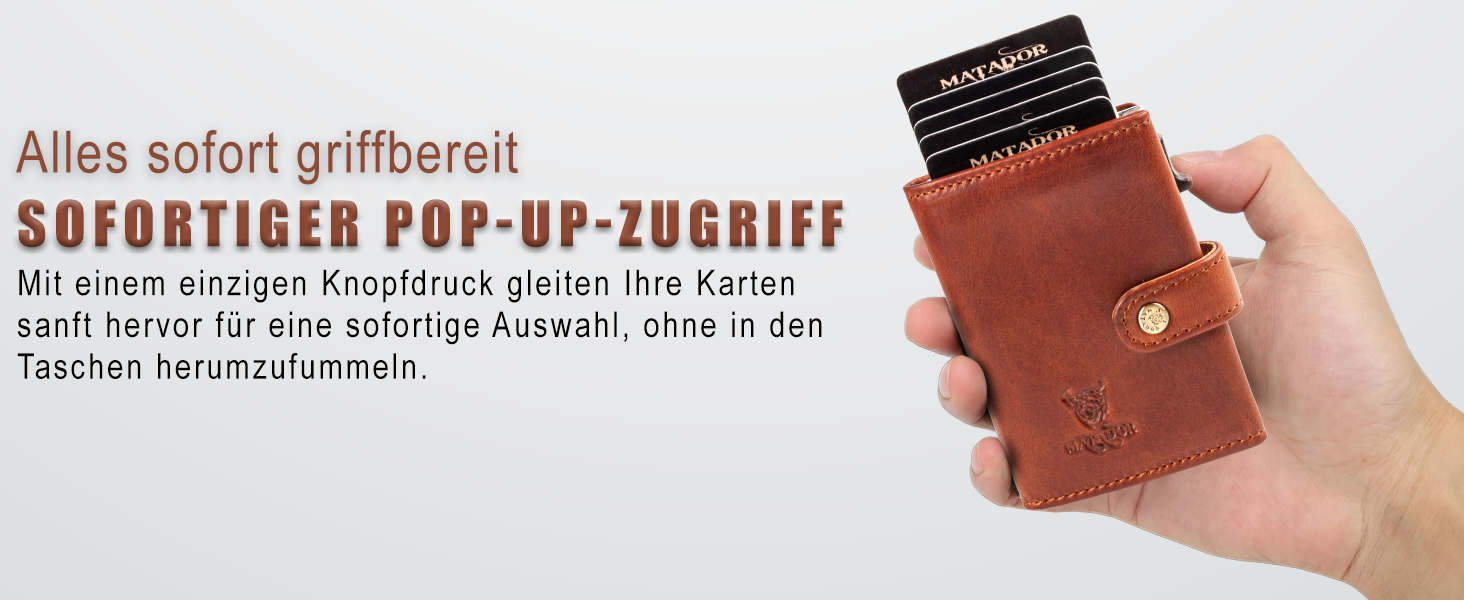 Гаманець Matador Slim Miami з RFID захистом, шкіряний, коричневий - мінімалістичний портмоне для чоловіків з поп-ап механізмом та відділенням для монет