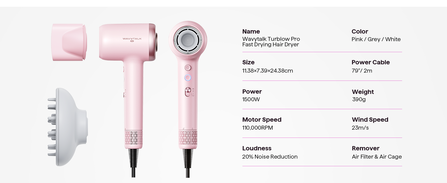 Фен Wavytalk TURBLOW PRO з дифузором: швидке сушіння, 110 000 обертів/хв, іонізація, гладкість, рожевий