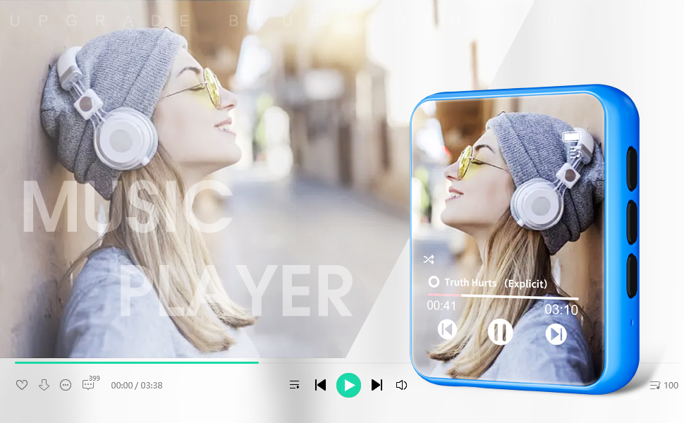 MP3 плеєр 32GB Bluetooth 5.0 з сенсорним екраном, Hi-Fi звук, металевий корпус, радіо, диктофон, підтримка до 128GB - блакитний