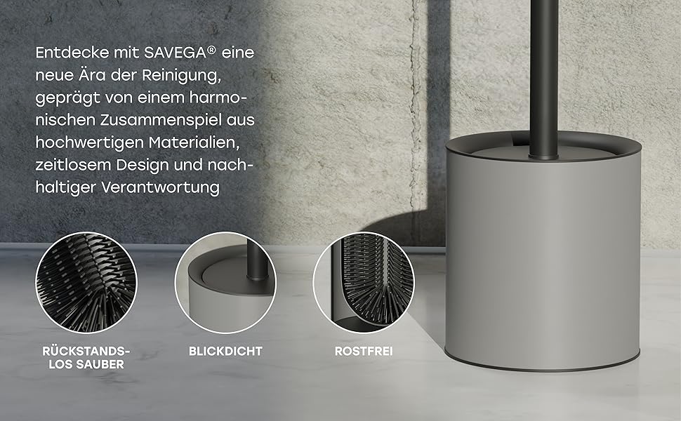 Тойлетний щітка SAVEGA з силікону та нержавіючої сталі - антибактеріальна, з тримачем, сірий колір