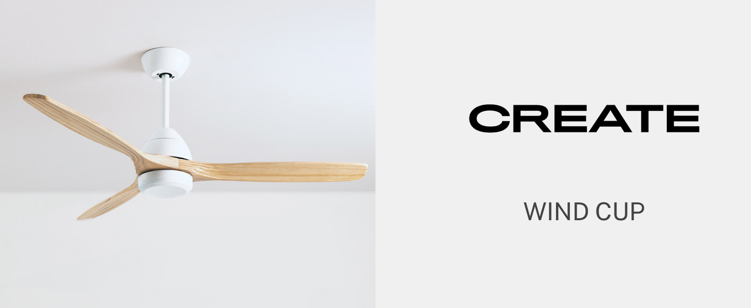 Стельовий вентилятор CREATE Windcup з підсвіткою та пультом ДУ, білий, дерев'яні лопаті, 40W, Ø132см, DC-мотор, 6 швидкостей, літній/зимовий режим