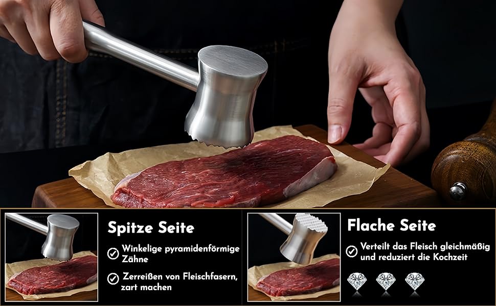 Ніж для відбивання м'яса Fleischklopfer з нержавіючої сталі, подвійний, для стейків, курки, свинини та яловичини, кухонний інструмент з 5-річною гарантією