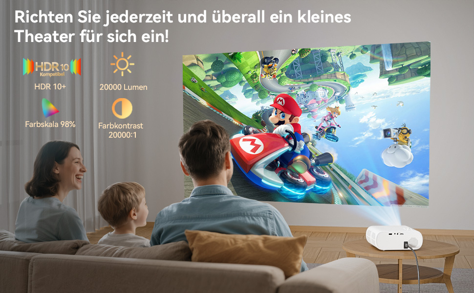 Smart Beamer з електричним фокусом та корекцією трапеції, 20000LM, 1080P Full HD, WiFi 6, Bluetooth 5.2, Mini проектор для домашнього кіно, сумісний з Netflix/YouTube/D+ (C10N)
